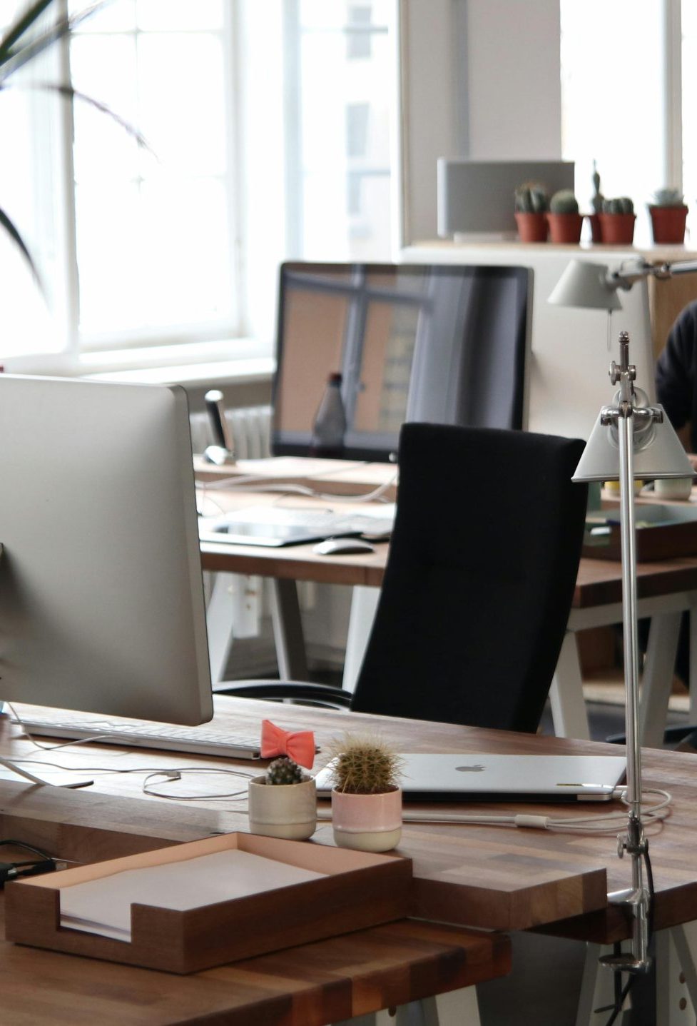 Open-plan office with modern decor and natural lighting, ideal for productivity.